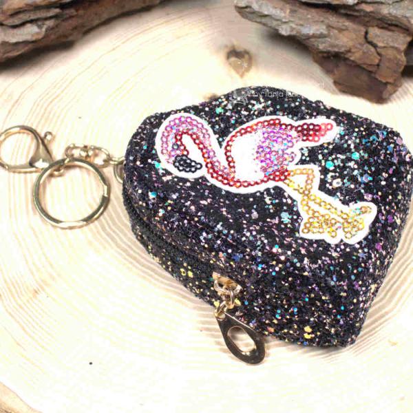 Glitzerndes Schlüsselanhänger Mäppchen mit [Motiv-Flamingo] und Reißverschluss-Fach - Multifunktionale Utensilientasche.
