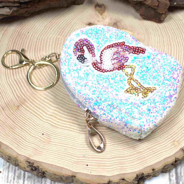 Glitzerndes Schlüsselanhänger Mäppchen Utensilientasche mit Flamingo Motiv und Reißverschluss, 10x6x4 cm groß Glitzerndes Schlüsselanhänger Mäppchen Utensilientasche mit Flamingo Motiv und Reißverschluss, 10x6x4 cm groß