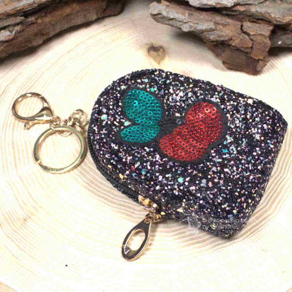 Glitzerndes Schlüsselanhänger Mäppchen Utensilientasche Motiv Kirschen schwarz