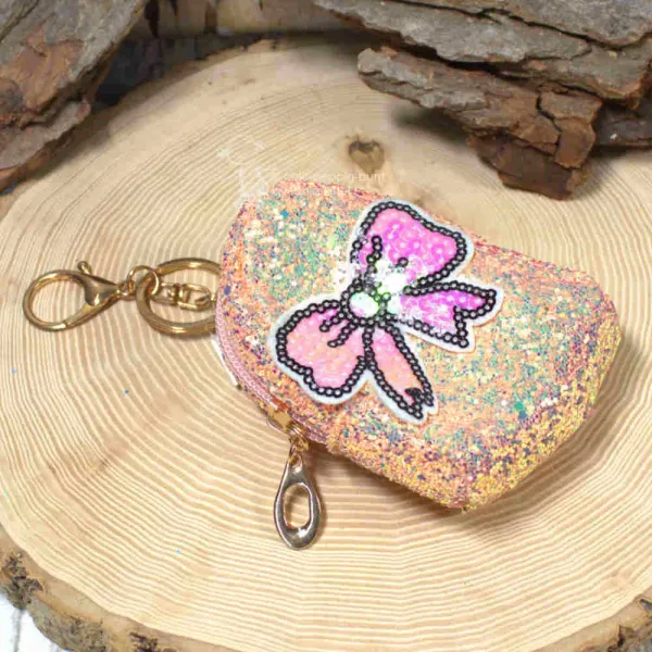 Schlüsselanhänger Mäppchen Glitzer Motiv Stoff Reißverschluss 10x6cm