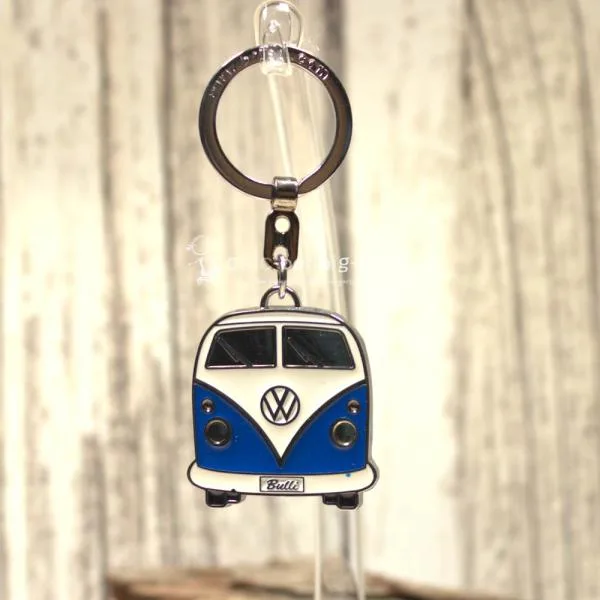 VW T1 Bus Schlüsselanhänger blau-weiß verchromtes Metall mit Emaille in geprägter Blech-Geschenkbox