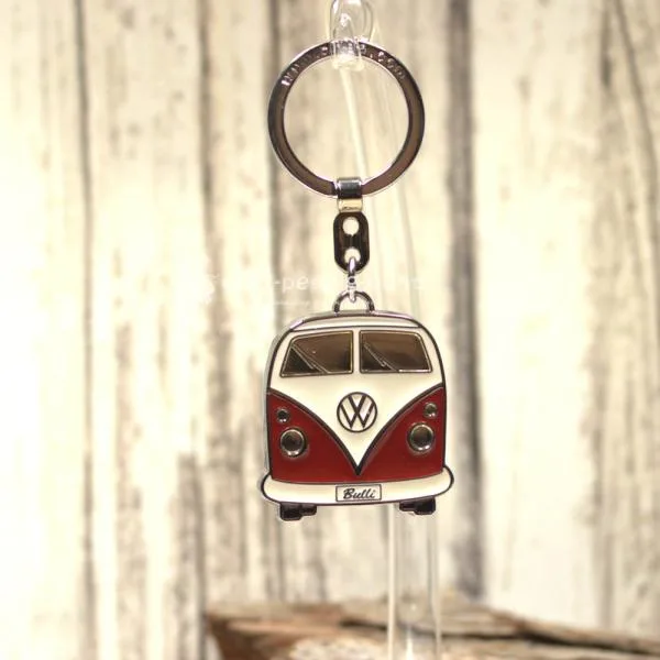 VW T1 Bus Schlüsselanhänger dunkelrot-weiß verchromtes Metall mit Emaille in geprägter Blech-Geschenkbox