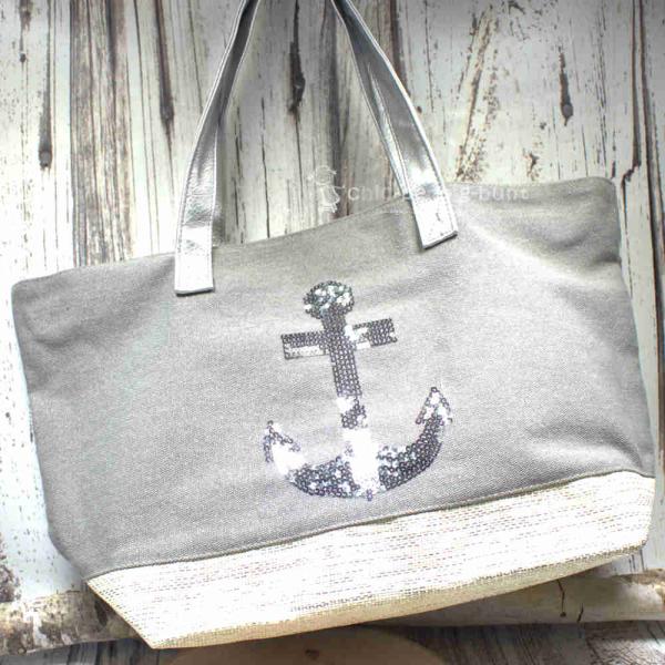 Shoppertasche gross grau Pailletten Anker silber