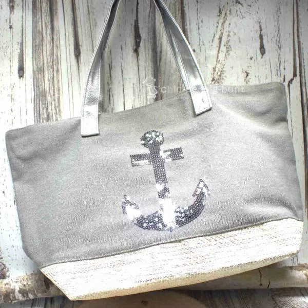 Shoppertasche gross grau Pailletten Anker silber - shopper tasche gross grau pailletten glitzer anker