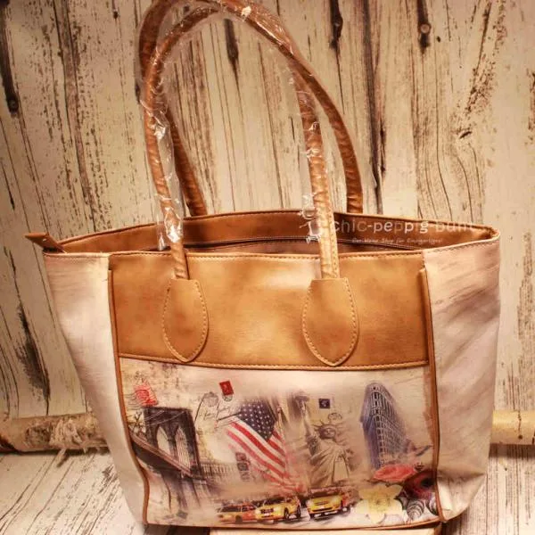 Shoppertasche groß braun Motiv Amerika - shopper tasche gross kunstleder braun amerika flagge