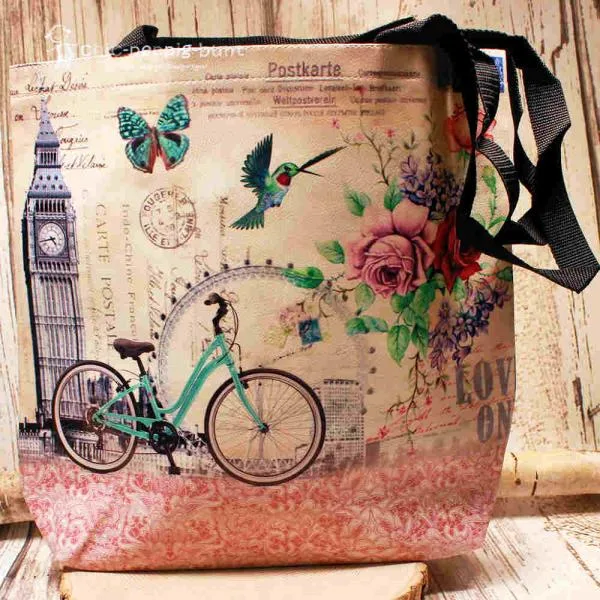 Shoppertasche gross Kunstleder mit Fahradmotiv rosa - shopper tasche gross kunstleder fahrrad rosa creme blumen