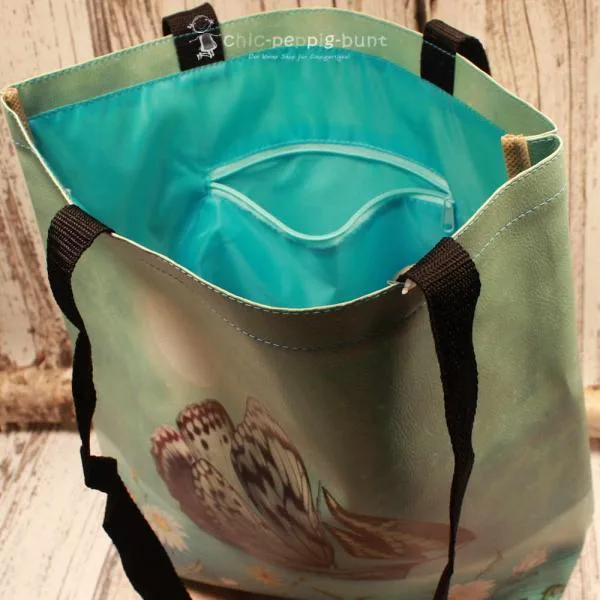 Shoppertasche gross Kunstleder mit Schmetterling Blumen Motiv - shopper tasche gross kunstleder schmetterling gruen mint blumen