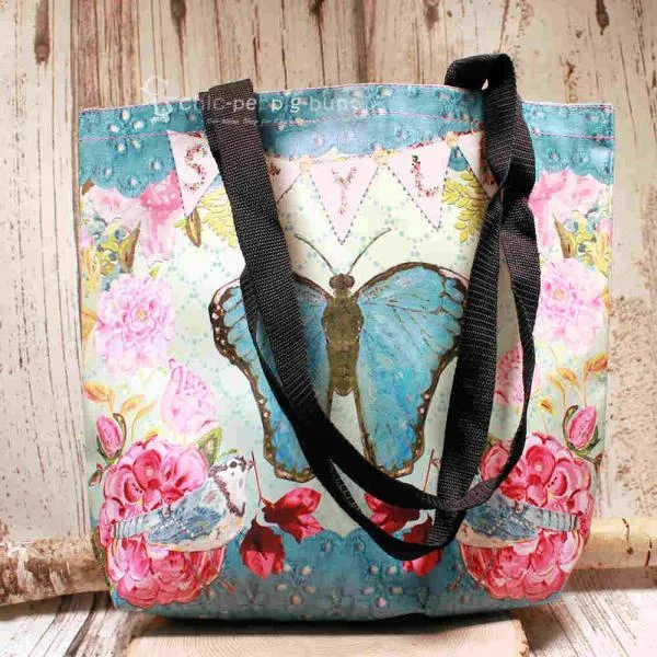 Shoppertasche gross Kunstleder mit Schmetterling türkis - shopper tasche gross kunstleder schmetterling tuerkis blumen