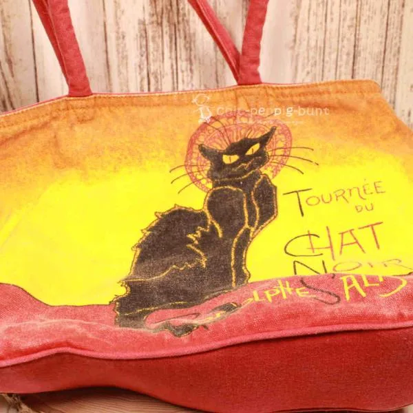 Shopper Tasche Katze mit einigen Ausbleichungen durch Sonneneinstrahlung - shopper tasche stoff klein chat noir schwarz katze rot gelb