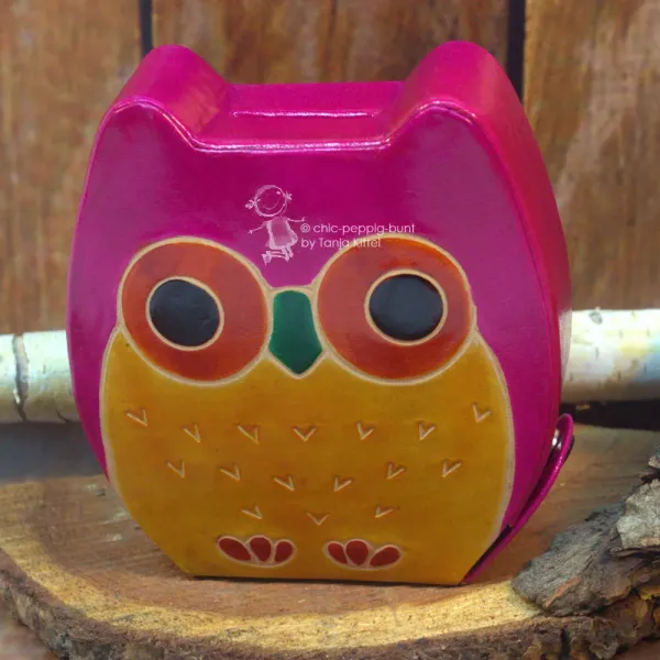 Spardose Eule pink für Kinder aus Kunstleder