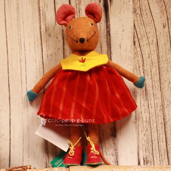 Bunte Barefoot Spielfigur Maus aus Baumwolle mit pinkem Kleid und Schuhen, pädagogisches Lernspielzeug zum An- und Ausziehen.