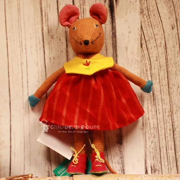 Bunte Barefoot Spielfigur Maus aus Baumwolle mit pinkem Kleid und Schuhen, pädagogisches Lernspielzeug zum An- und Ausziehen.