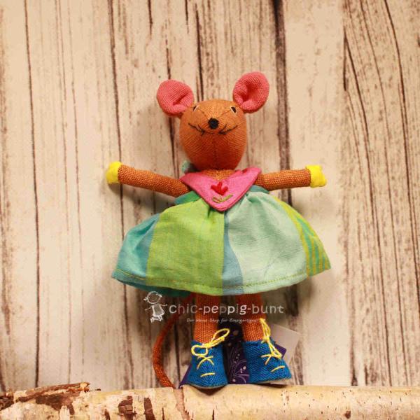 Mittelgroße Barefoot Spielfigur Maus aus bunter Baumwolle mit blauem Kleid und blauen Schuhen, pädagogisches Spielzeug zum Ankleiden.