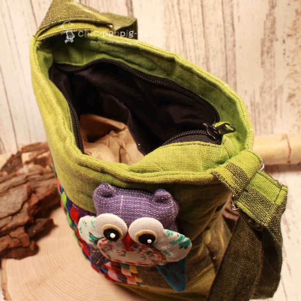 Handtasche grün Stoff - bunter Karo mit kleiner Eule