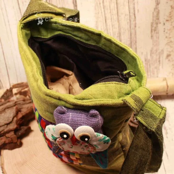 Handtasche grün Stoff - bunter Karo mit kleiner Eule - umhaengetasche handtasche gruen stoff eule karo bunt