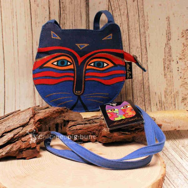 Blaue Laurel Burch Umhängetasche aus Stoff in Katzenkopf-Form mit Reißverschluss und langem Schulterband.