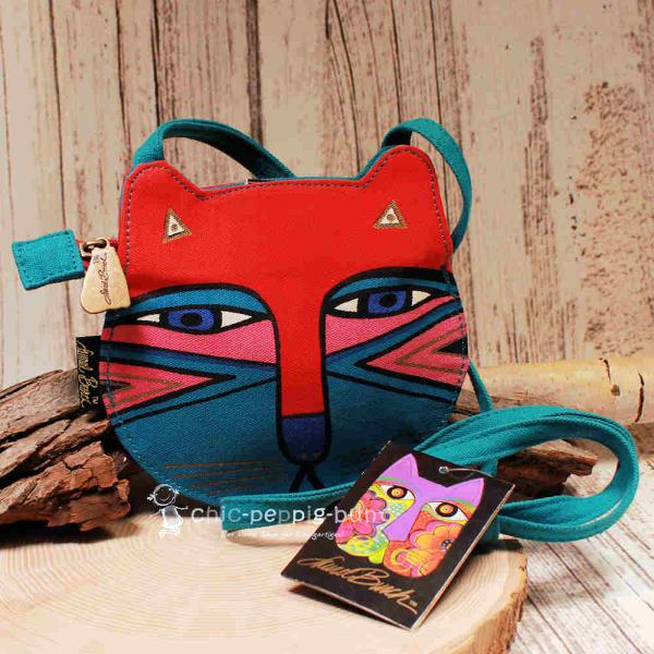 Grüne Laurel Burch Umhängetasche aus Stoff in Katzenkopf-Form mit Reißverschluss und langem Schulterband.