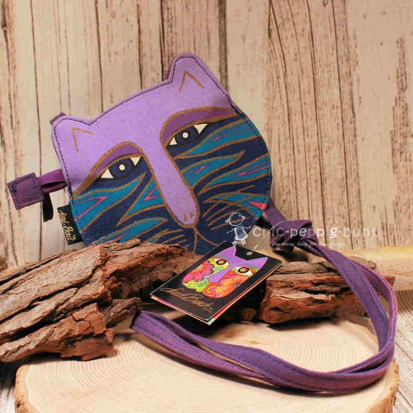 Lila Laurel Burch Umhängetasche aus Stoff in Form eines Katzenkopfes mit Reißverschluss und langem Schulterband.