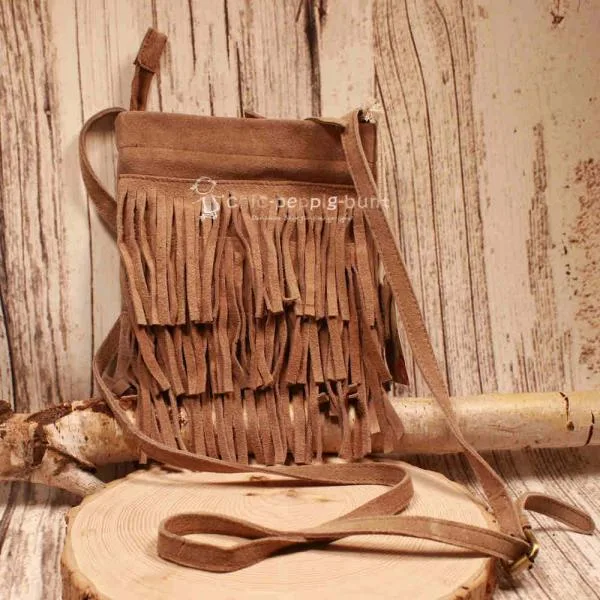Mini Handtasche Wildleder Braun – Boho Fransen Umhängetasche - umhaengetasche handtasche leder fransen braun klein
