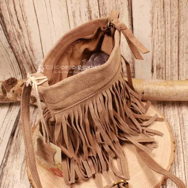 Mini Handtasche Wildleder Braun – Boho Fransen Umhängetasche - umhaengetasche handtasche leder fransen braun klein