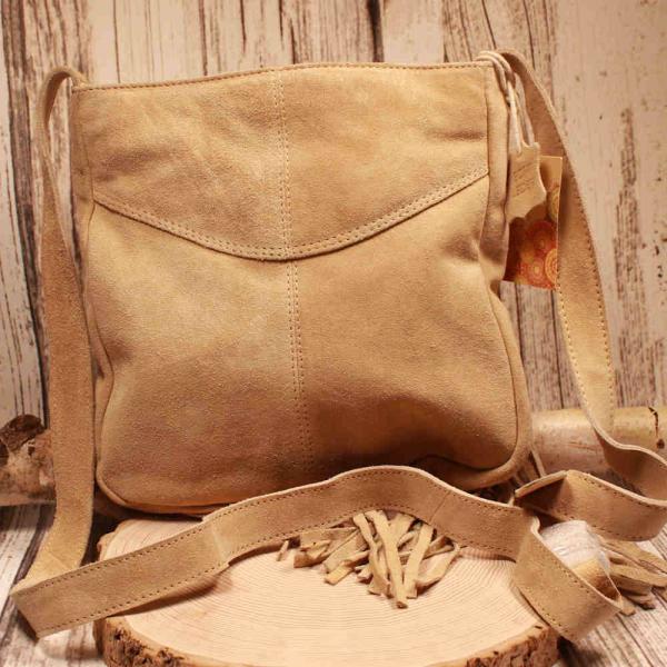 Boho Handtasche Beige Wildleder – Fransen Umhängetasche Leder