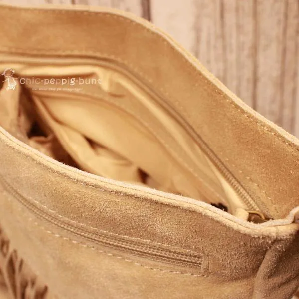 Boho Handtasche Beige Wildleder – Fransen Umhängetasche Leder - umhaengetasche handtasche leder fransen klein beige