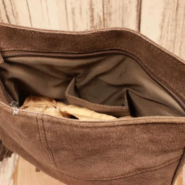 Leder Handtasche mit Fransen – Boho Umhängetasche Wildleder - umhaengetasche handtasche leder fransen klein braun grau