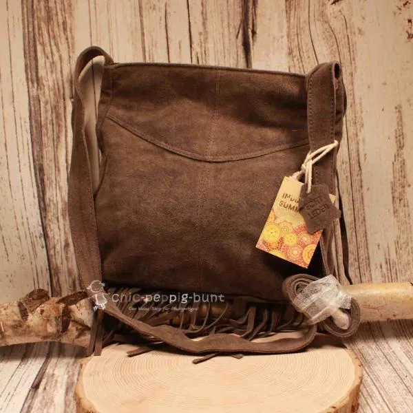 Leder Handtasche Dunkelbraun – Boho Umhängetasche Wildleder - umhaengetasche handtasche leder fransen klein dunkelbraun
