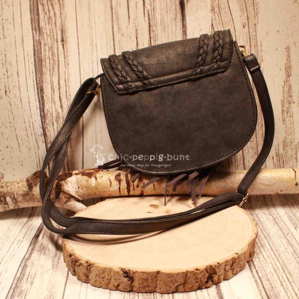 Schwarze Leder Handtasche mit Fransen – Boho Schultertasche Echtleder