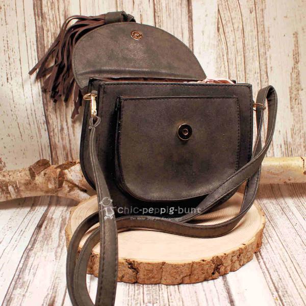Schwarze Leder Handtasche mit Fransen – Boho Schultertasche Echtleder