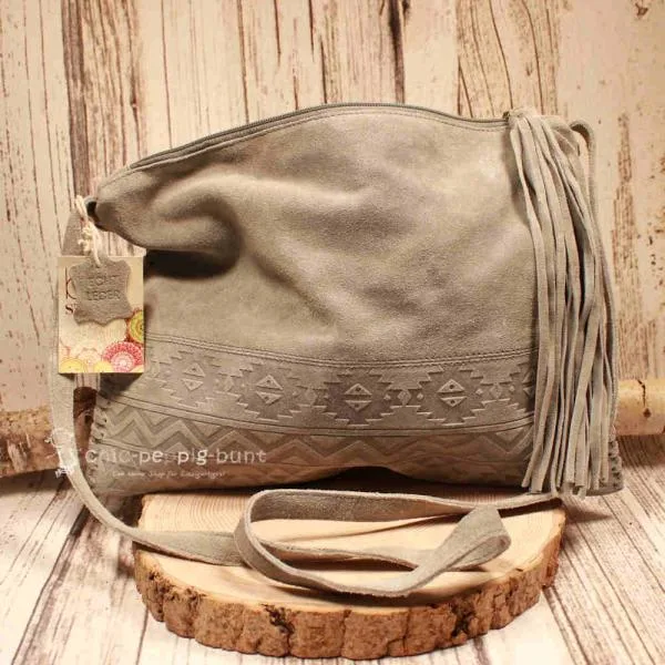 Graue Leder Handtasche mit Fransen – Weiches Wildleder Boho-Style - umhaengetasche handtasche leder weich india style grau