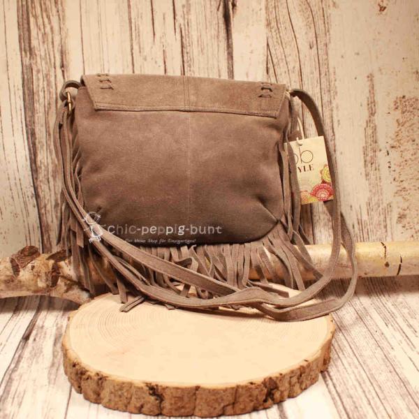 Graue Leder Handtasche mit Fransen – Weiche Boho Schultertasche