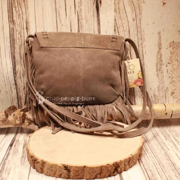 Graue Leder Handtasche mit Fransen – Weiche Boho Schultertasche - umhaengetasche handtasche leder weich india style grau braun