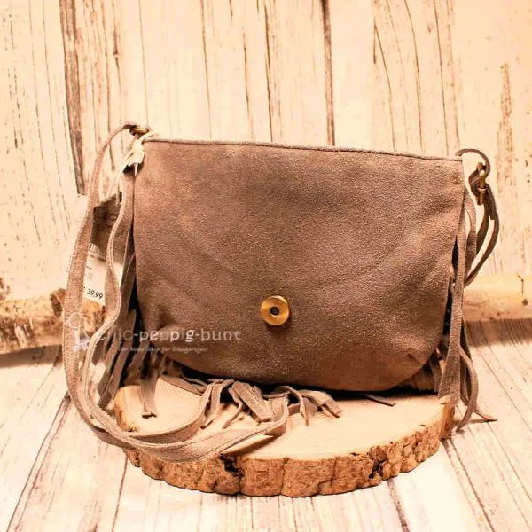 Graue Leder Handtasche mit Fransen – Weiche Boho Schultertasche - umhaengetasche handtasche leder weich india style grau braun
