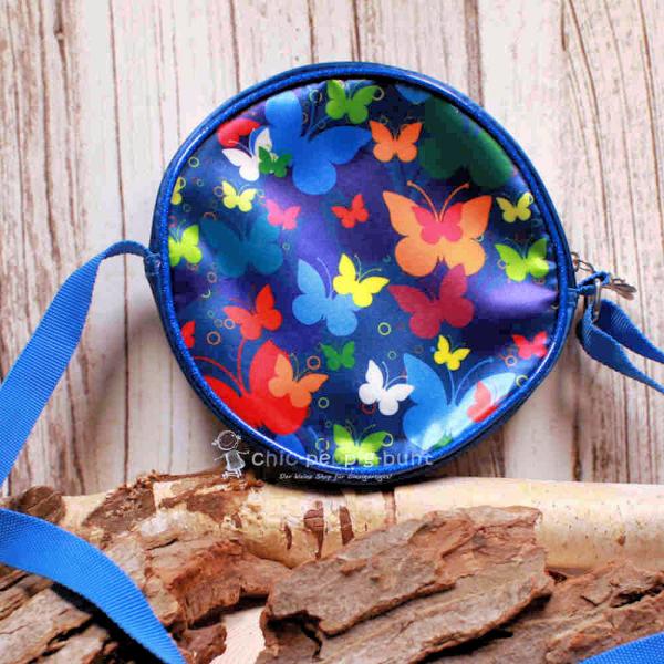 Umhängetasche blau Kinder rund bunte Schmetterlinge