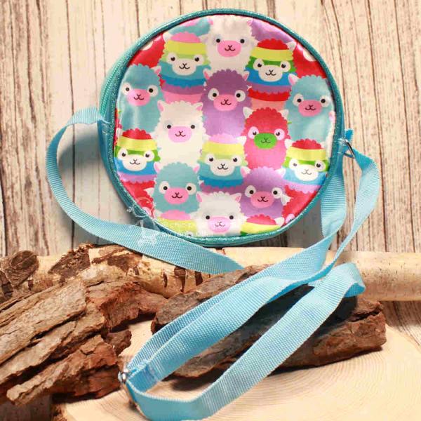 Runde hellblaue Kindertasche mit lustigem Lama-Alpaka-Motiv, sicherem Reißverschluss und verstellbarem Schultergurt.