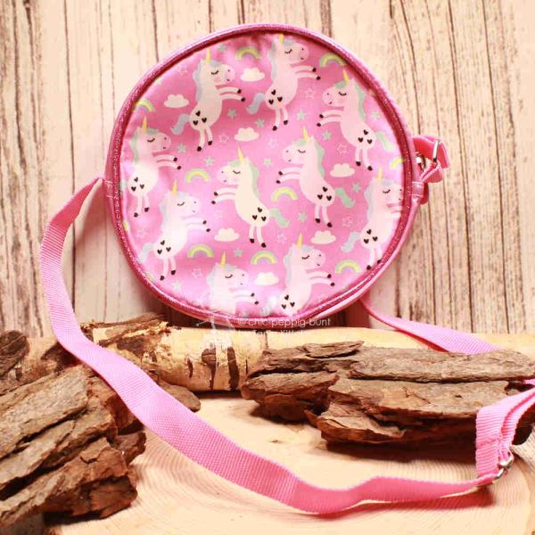 Runde rosa Kindertasche mit niedlichem Einhorn-Motiv, sicherem Reißverschluss und verstellbarem Schultergurt.