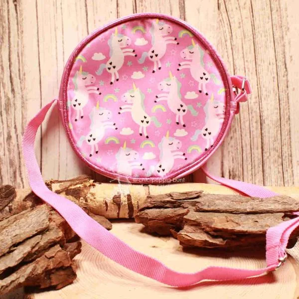 Runde rosa Kindertasche mit niedlichem Einhorn-Motiv, sicherem Reißverschluss und verstellbarem Schultergurt.