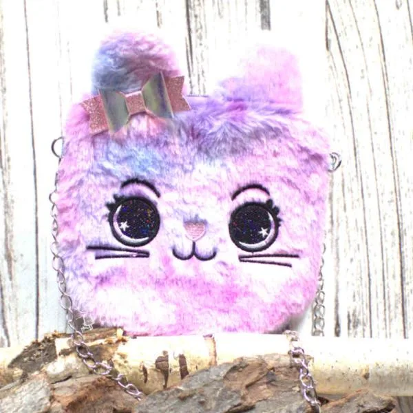Umhängetasche Kinder plüsch Katze lila-rosa mit glitzer Schleife - umhaengetasche kindertasche hase bunt glitzer krone