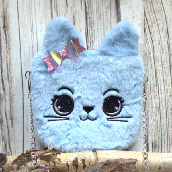 Umhängetasche Kinder plüsch hellblau mit glitzer Schleife