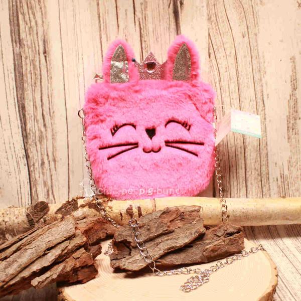 Flauschige pinke Umhängetasche für Kinder mit glitzernden Ohren, einer goldenen Krone und eleganter Metallkette.