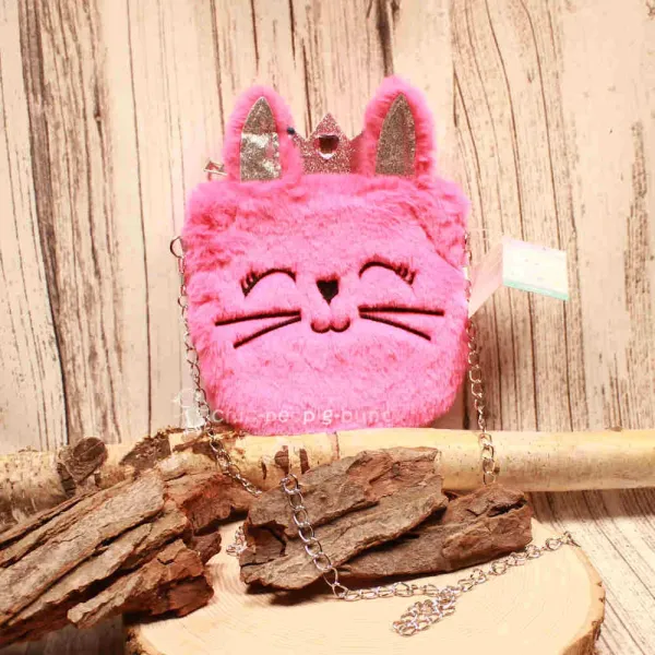 Flauschige pinke Umhängetasche für Kinder mit glitzernden Ohren, einer goldenen Krone und eleganter Metallkette.