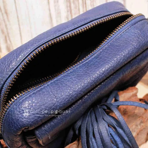 Umhängetasche Leder 4 Fächer Quaste blau - umhaengetasche klein leder blau quaste