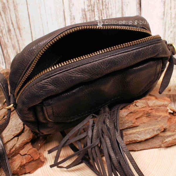 Umhängetasche schwarz Leder 4 Fächer Quaste