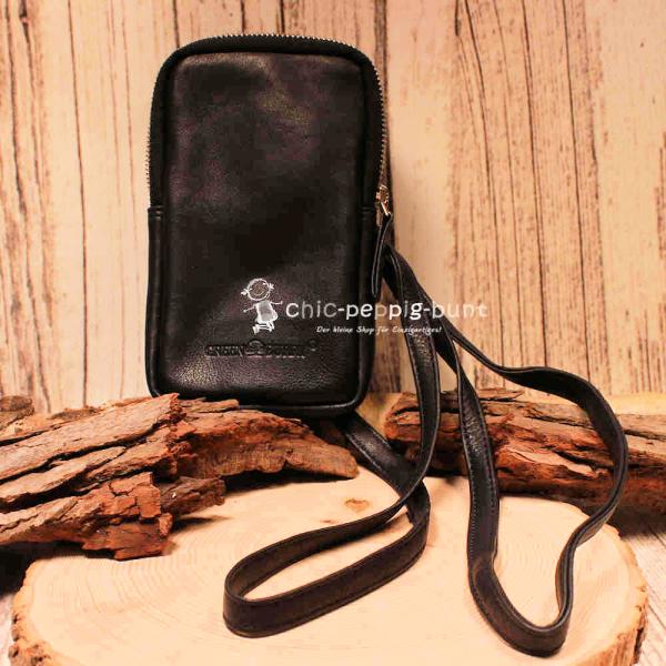 Kleine schwarze Leder-Umhängetasche für Damen mit Reißverschluss, verstellbarem Schultergurt mit Karabinern und dezenter Prägung.