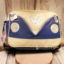 VW T1 Bus Umhängetasche in Blau und Creme aus Kunstleder im Querformat mit Camper-Motiv.
