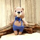 Gehäkelter Biber Stoffpuppe Stofftier Handmade Beige Blau Latzhose 18cm Dekofigur
