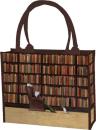 Braune Shoppertasche mit Bibliotheks-Motiv und stabilen Textilgriffen auf Holzuntergrund.