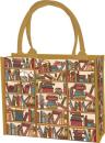 Beige Shoppertasche aus Polyester mit Motiv einer Katze im Bücherregal und braunen Griffen.