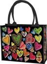 Schwarze Shoppertasche aus Polyester-Gewebe mit bunten Herzen und Reißverschluss.
